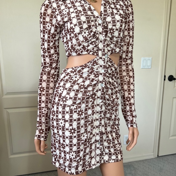 Cotton Candy LA Mini Dress Open Back - Floral 70's Brown Long Sleeve Size Small - Picture 2 of 6